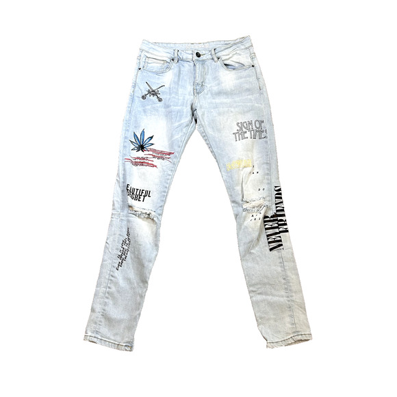 Crysp Denim Jeans Men’s 30 Blue Skinny Distressed Graphic Script Streetwear - Picture 1 of 16